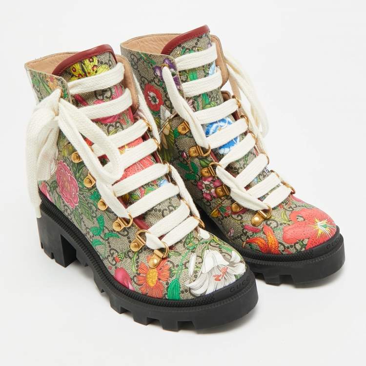 Pre Owned Gucci Size GG 35.5 Multicolor Floral Print Canvas Ankle Length Boots