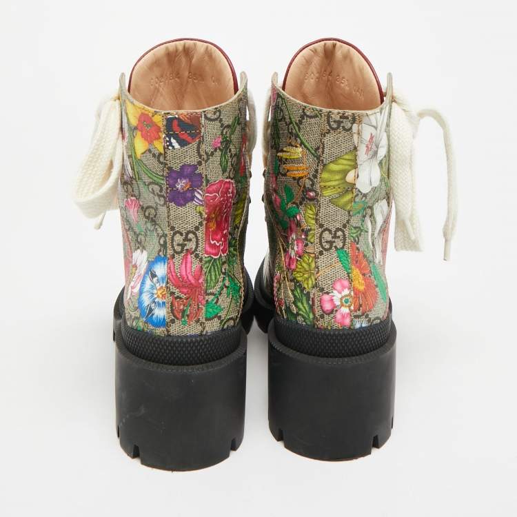 Pre Owned Gucci Size GG 35.5 Multicolor Floral Print Canvas Ankle Length Boots