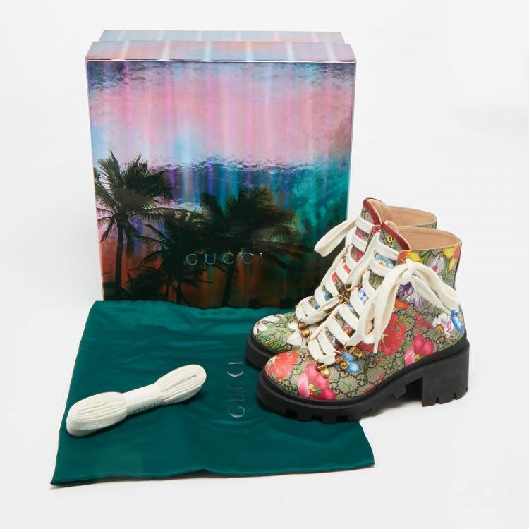 Pre Owned Gucci Size GG 35.5 Multicolor Floral Print Canvas Ankle Length Boots
