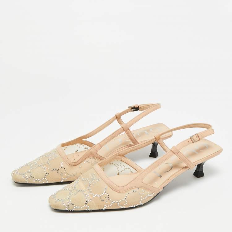Pre Owned Gucci Size 40 Beige Mesh and Suede Crystal Embellished Slingback Pumps