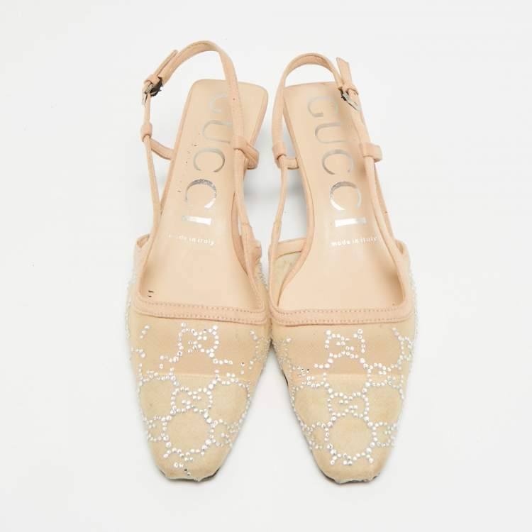 Pre Owned Gucci Size 40 Beige Mesh and Suede Crystal Embellished Slingback Pumps
