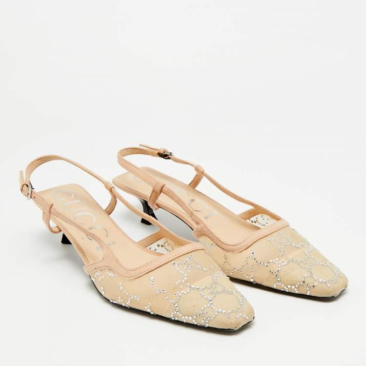 Pre Owned Gucci Size 40 Beige Mesh and Suede Crystal Embellished Slingback Pumps