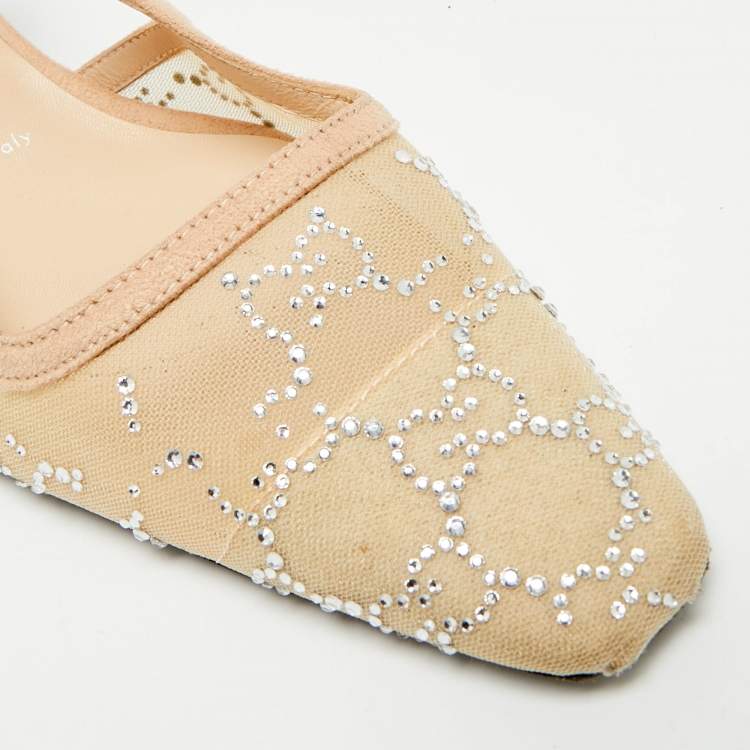 Pre Owned Gucci Size 40 Beige Mesh and Suede Crystal Embellished Slingback Pumps