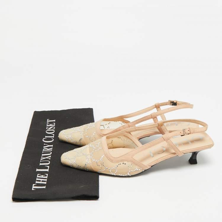 Pre Owned Gucci Size 40 Beige Mesh and Suede Crystal Embellished Slingback Pumps