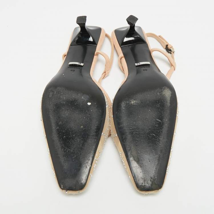 Pre Owned Gucci Size 40 Beige Mesh and Suede Crystal Embellished Slingback Pumps