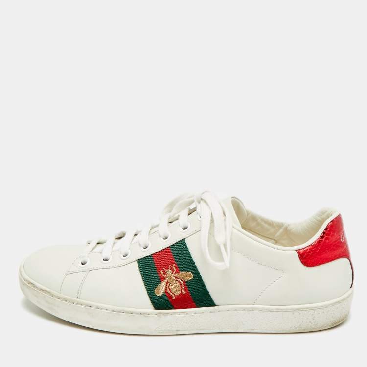 Pre Owned Gucci Ace Size 38 White Leather Web Low Top Sneakers