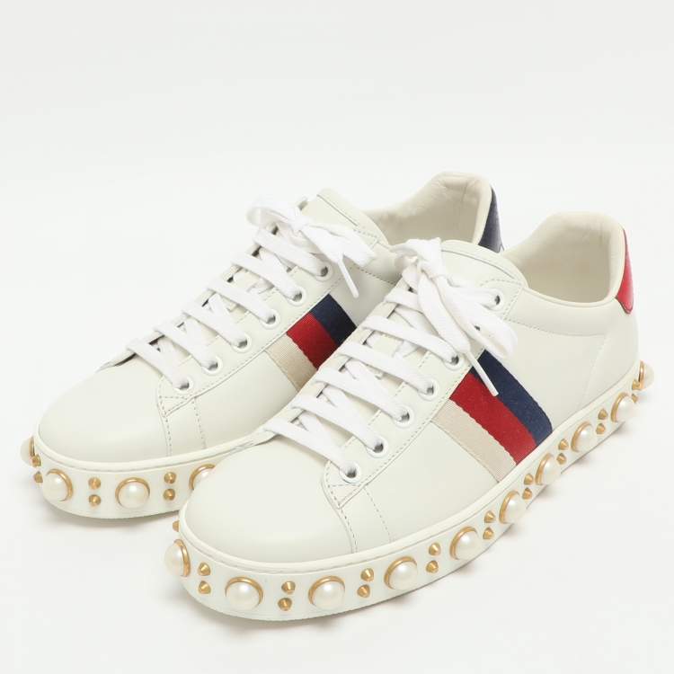 Pre Owned Gucci Ace Studded Size 37 White Leather Low Top Sneakers