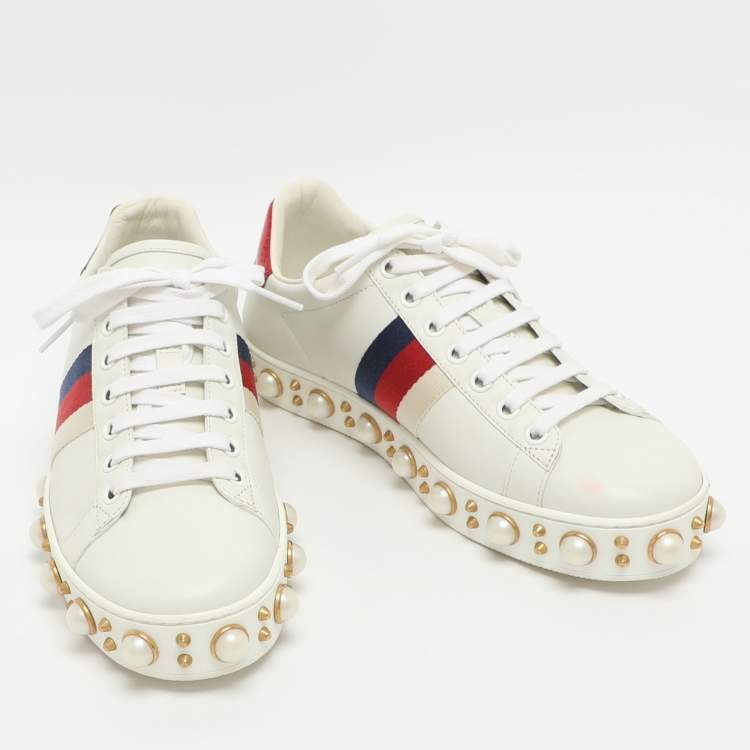 Pre Owned Gucci Ace Studded Size 37 White Leather Low Top Sneakers