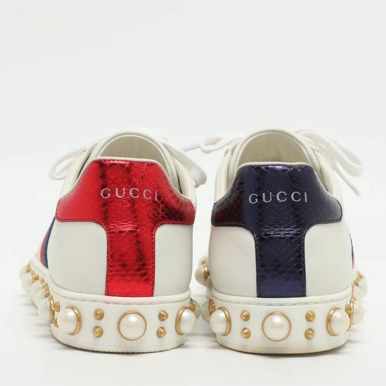 Pre Owned Gucci Ace Studded Size 37 White Leather Low Top Sneakers