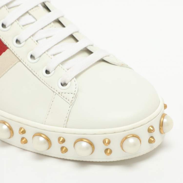 Pre Owned Gucci Ace Studded Size 37 White Leather Low Top Sneakers