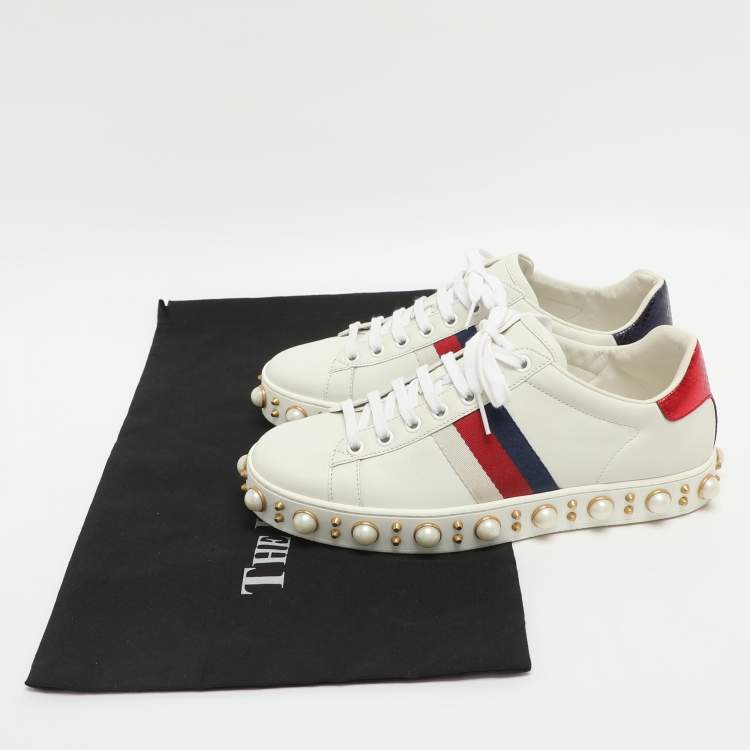 Pre Owned Gucci Ace Studded Size 37 White Leather Low Top Sneakers