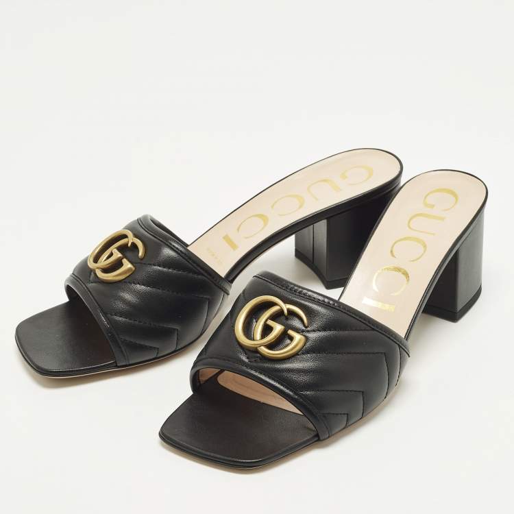 Pre Owned Gucci GG Marmont  Size 39.5 Black Quilted Leather Slide Sandals