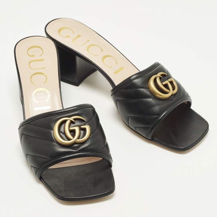 Pre Owned Gucci GG Marmont  Size 39.5 Black Quilted Leather Slide Sandals