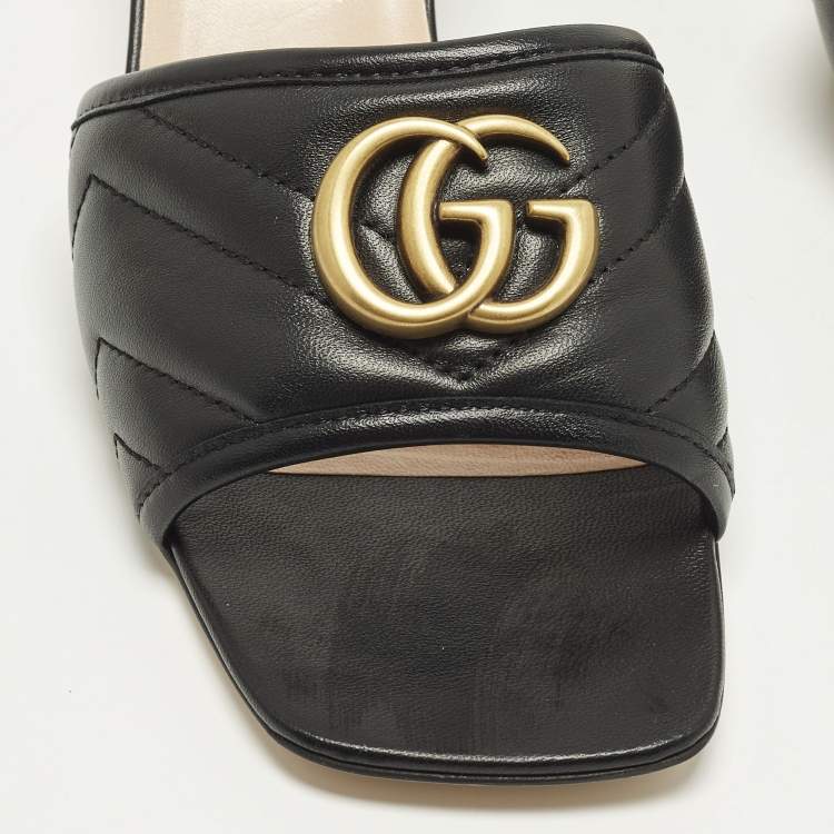 Pre Owned Gucci GG Marmont  Size 39.5 Black Quilted Leather Slide Sandals