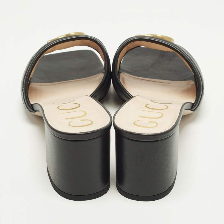 Pre Owned Gucci GG Marmont  Size 39.5 Black Quilted Leather Slide Sandals