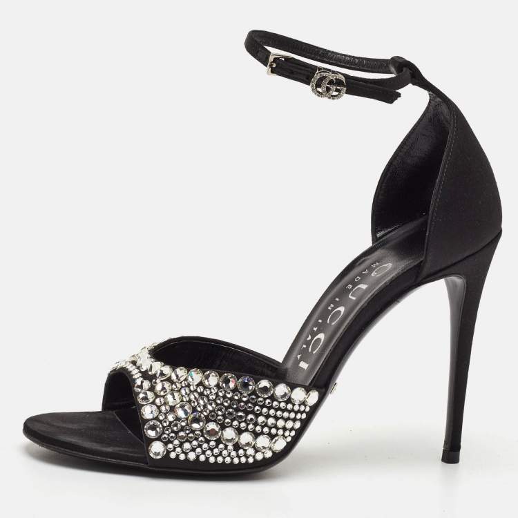 Pre Owned Gucci Size 37 Black Satin Crystal Embellishments Ankle Strap Sandals