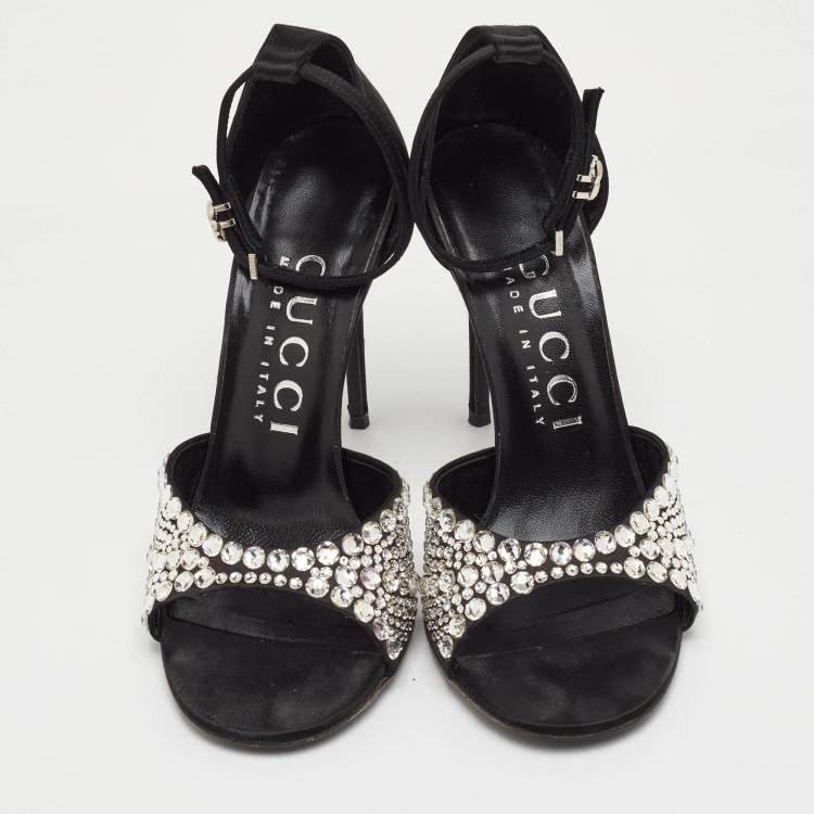 Pre Owned Gucci Size 37 Black Satin Crystal Embellishments Ankle Strap Sandals
