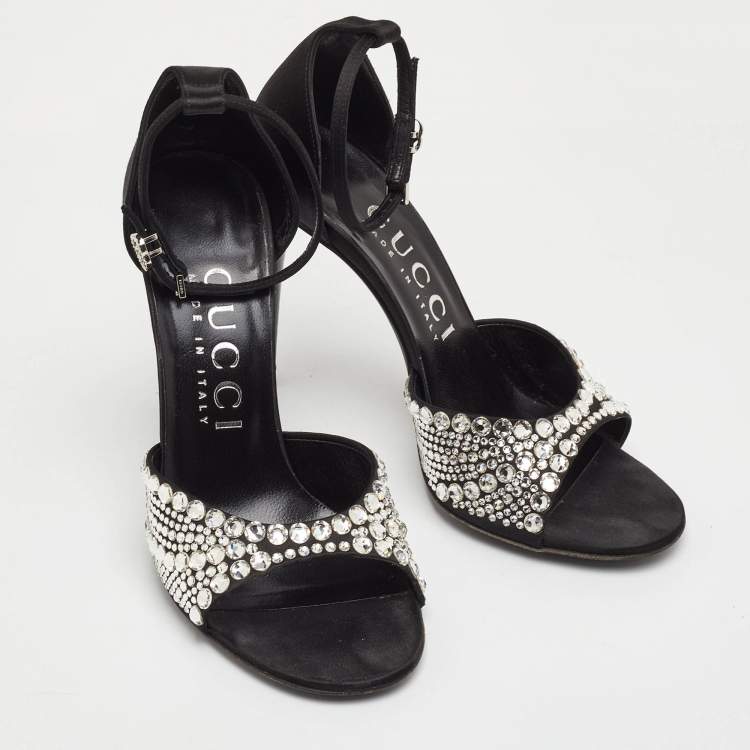 Pre Owned Gucci Size 37 Black Satin Crystal Embellishments Ankle Strap Sandals