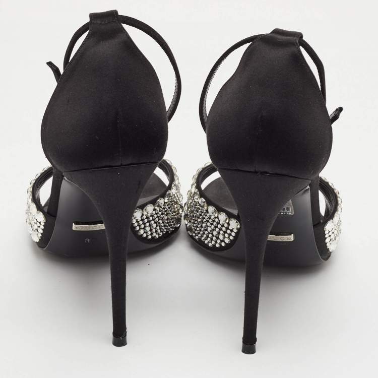 Pre Owned Gucci Size 37 Black Satin Crystal Embellishments Ankle Strap Sandals