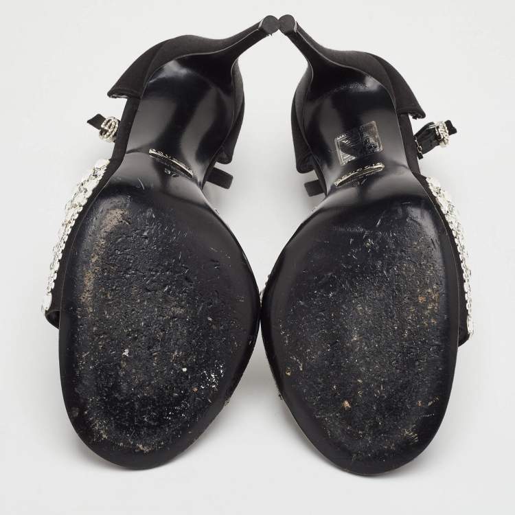 Pre Owned Gucci Size 37 Black Satin Crystal Embellishments Ankle Strap Sandals