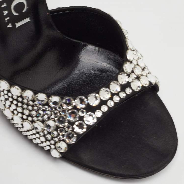 Pre Owned Gucci Size 37 Black Satin Crystal Embellishments Ankle Strap Sandals
