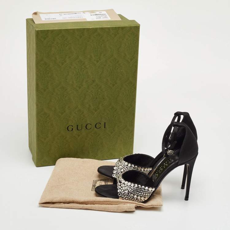 Pre Owned Gucci Size 37 Black Satin Crystal Embellishments Ankle Strap Sandals