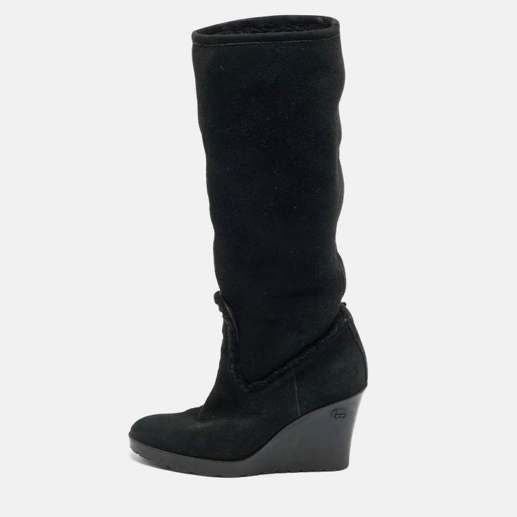 Pre Owned Gucci Courteney Size 36 Black Suede Wedge Knee Length Boots