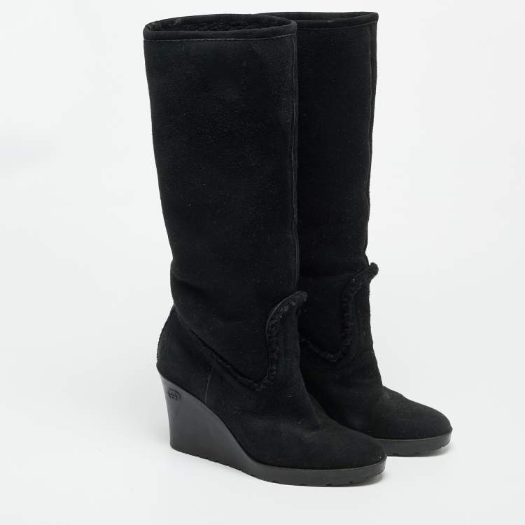 Pre Owned Gucci Courteney Size 36 Black Suede Wedge Knee Length Boots