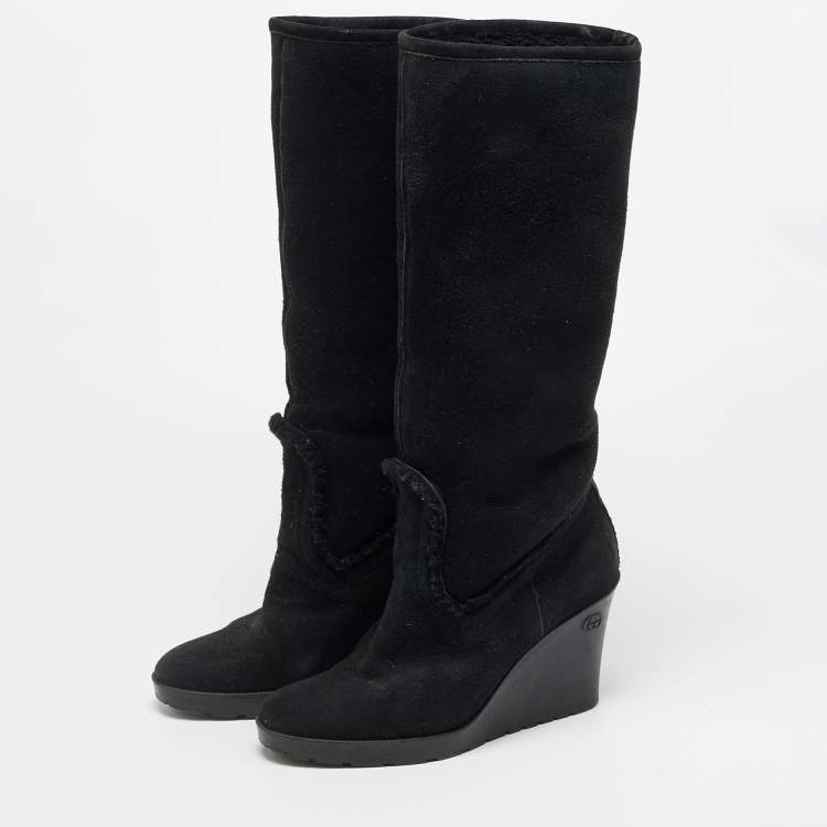 Pre Owned Gucci Courteney Size 36 Black Suede Wedge Knee Length Boots