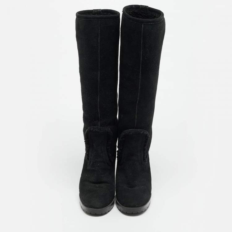 Pre Owned Gucci Courteney Size 36 Black Suede Wedge Knee Length Boots