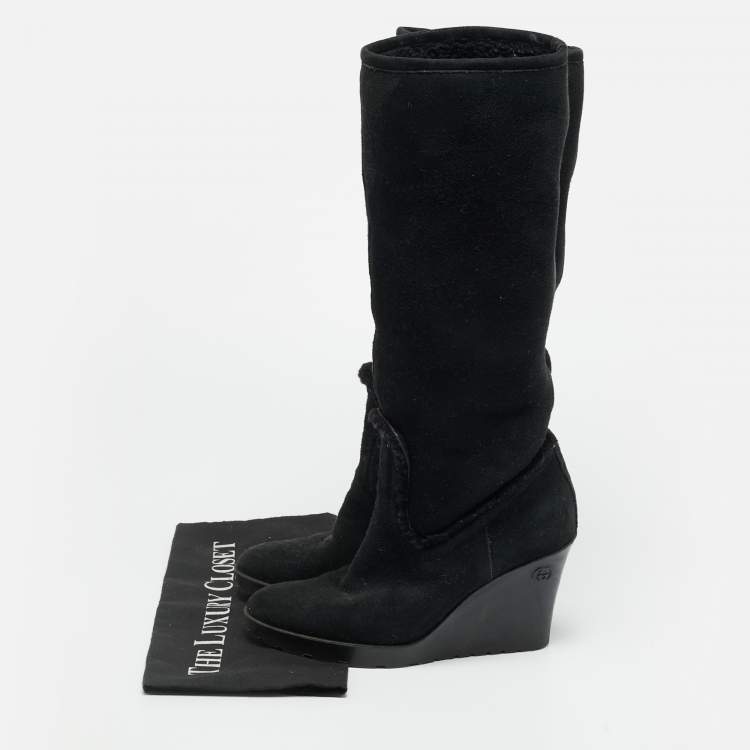 Pre Owned Gucci Courteney Size 36 Black Suede Wedge Knee Length Boots