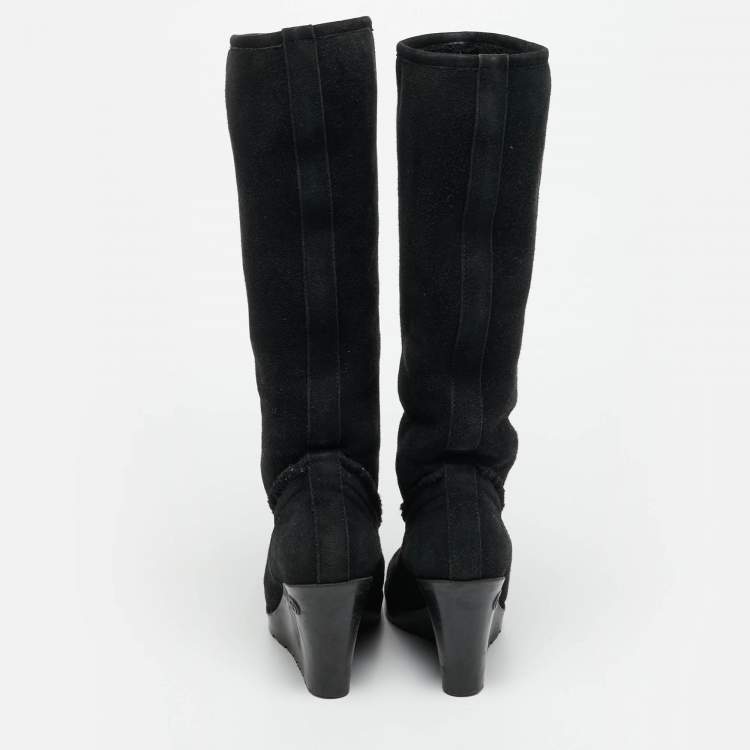 Pre Owned Gucci Courteney Size 36 Black Suede Wedge Knee Length Boots