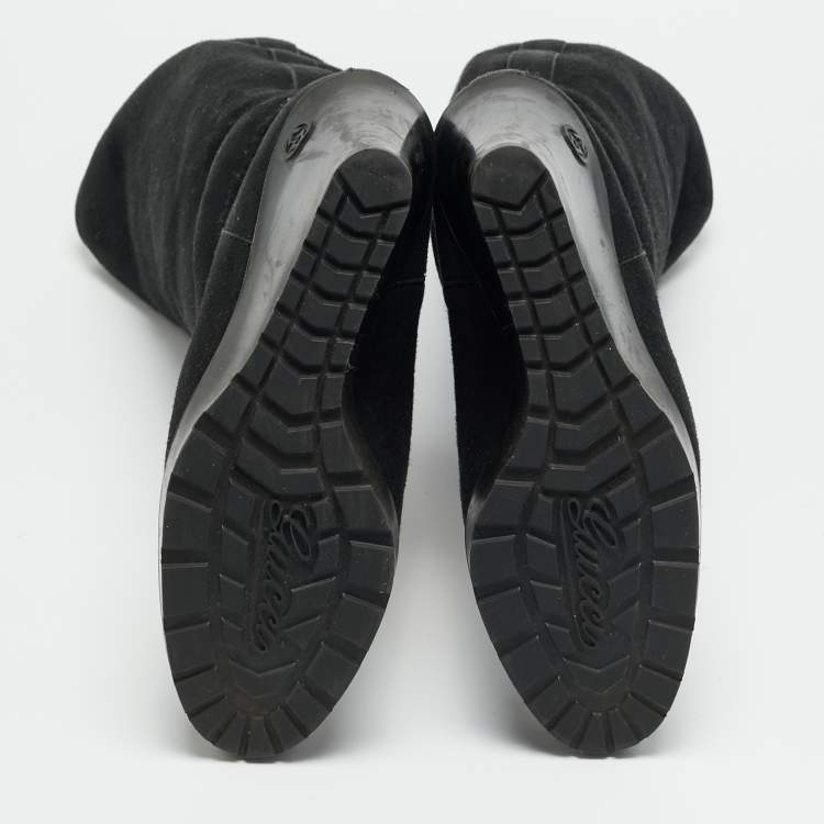 Pre Owned Gucci Courteney Size 36 Black Suede Wedge Knee Length Boots