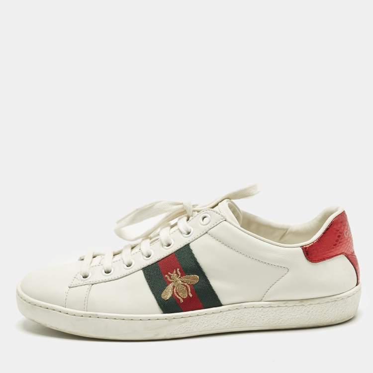 Pre Owned Gucci Ace Size 38 White Leather and Python Embossed Web Lace Up Sneakers