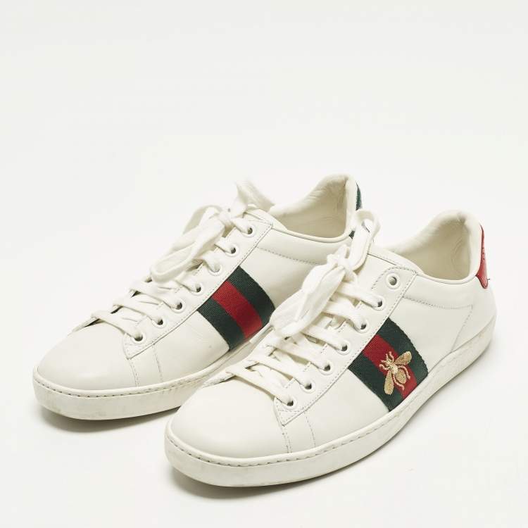 Pre Owned Gucci Ace Size 38 White Leather and Python Embossed Web Lace Up Sneakers