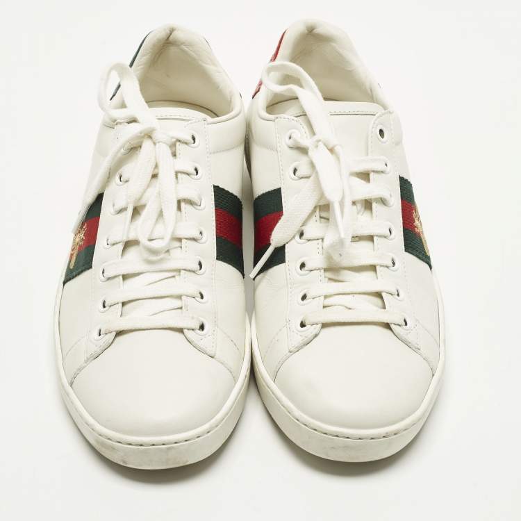 Pre Owned Gucci Ace Size 38 White Leather and Python Embossed Web Lace Up Sneakers