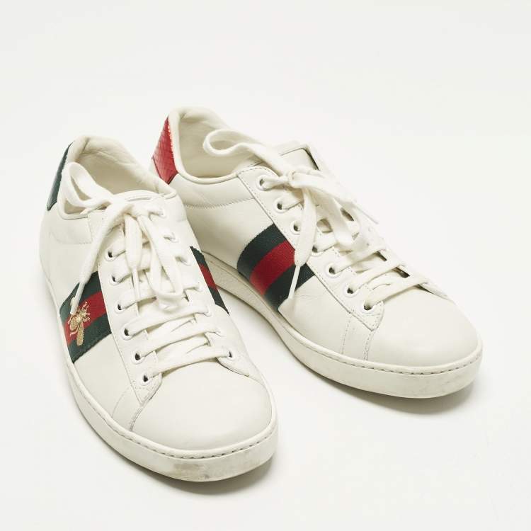 Pre Owned Gucci Ace Size 38 White Leather and Python Embossed Web Lace Up Sneakers
