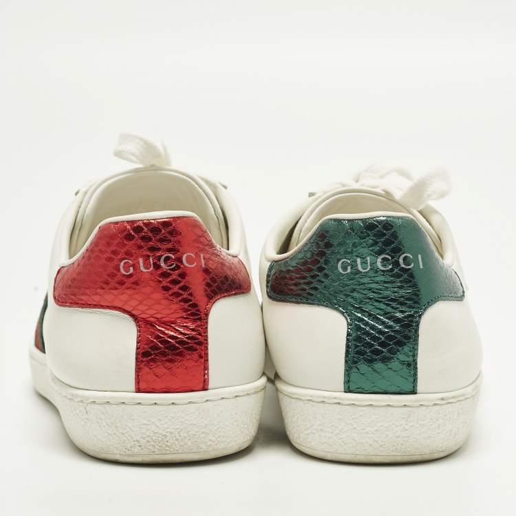 Pre Owned Gucci Ace Size 38 White Leather and Python Embossed Web Lace Up Sneakers
