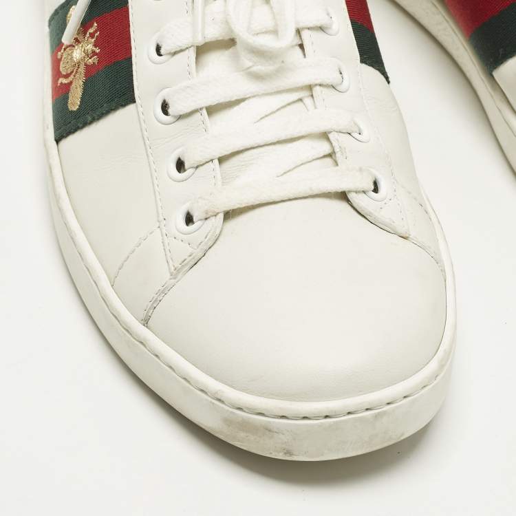 Pre Owned Gucci Ace Size 38 White Leather and Python Embossed Web Lace Up Sneakers