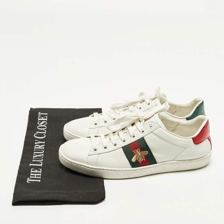 Pre Owned Gucci Ace Size 38 White Leather and Python Embossed Web Lace Up Sneakers
