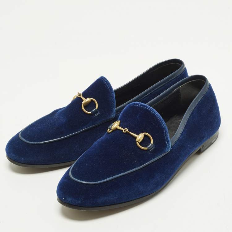 Pre Owned Gucci Jordaan Size 37.5 Blue Leather and Velvet Loafers