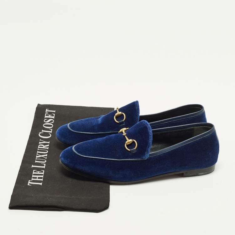 Pre Owned Gucci Jordaan Size 37.5 Blue Leather and Velvet Loafers