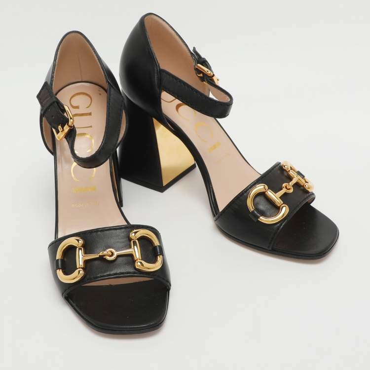 Pre Owned Gucci Horsebit Size 38.5 Black Leather Ankle Strap Sandals