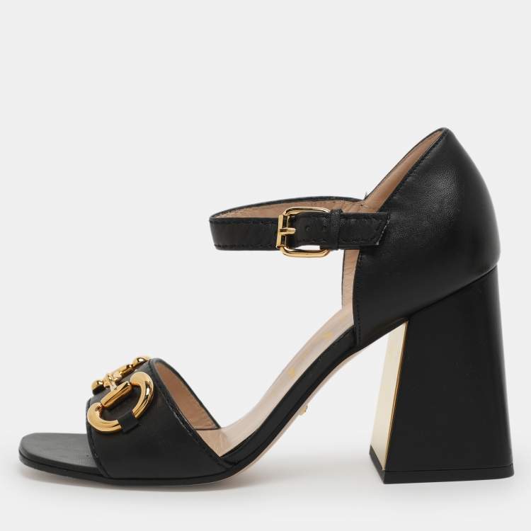 Pre Owned Gucci Horsebit Size 38.5 Black Leather Ankle Strap Sandals