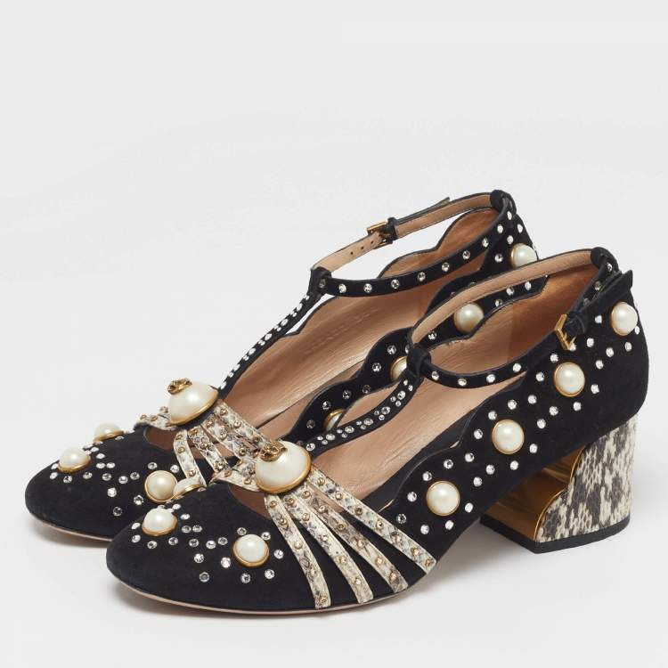 Pre Owned Gucci Ofelia Size 38.5 Black/Beige Snakeskin Embossed Leather and Suede Embellished Block Heel Pumps