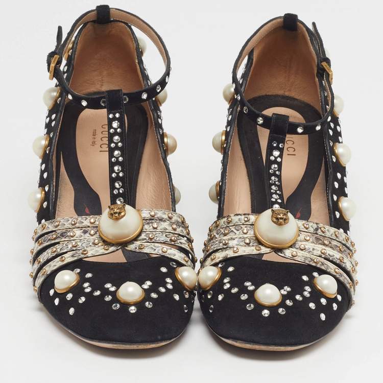 Pre Owned Gucci Ofelia Size 38.5 Black/Beige Snakeskin Embossed Leather and Suede Embellished Block Heel Pumps