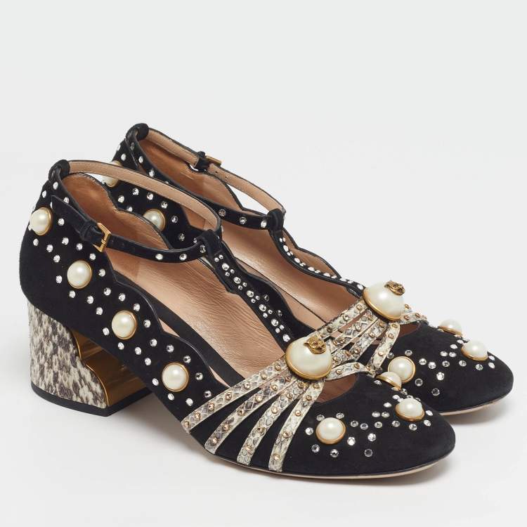 Pre Owned Gucci Ofelia Size 38.5 Black/Beige Snakeskin Embossed Leather and Suede Embellished Block Heel Pumps