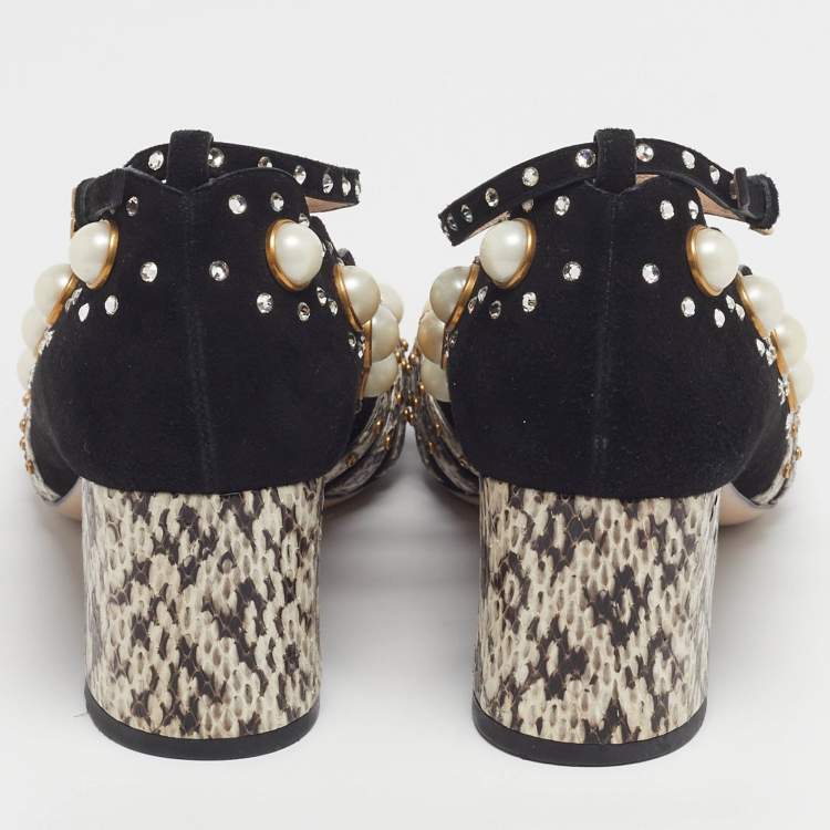 Pre Owned Gucci Ofelia Size 38.5 Black/Beige Snakeskin Embossed Leather and Suede Embellished Block Heel Pumps