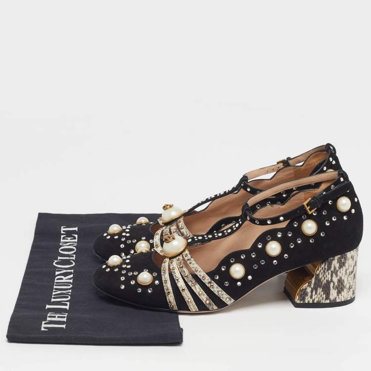 Pre Owned Gucci Ofelia Size 38.5 Black/Beige Snakeskin Embossed Leather and Suede Embellished Block Heel Pumps