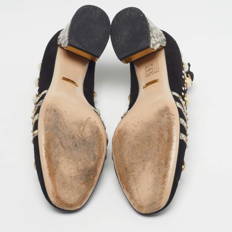 Pre Owned Gucci Ofelia Size 38.5 Black/Beige Snakeskin Embossed Leather and Suede Embellished Block Heel Pumps